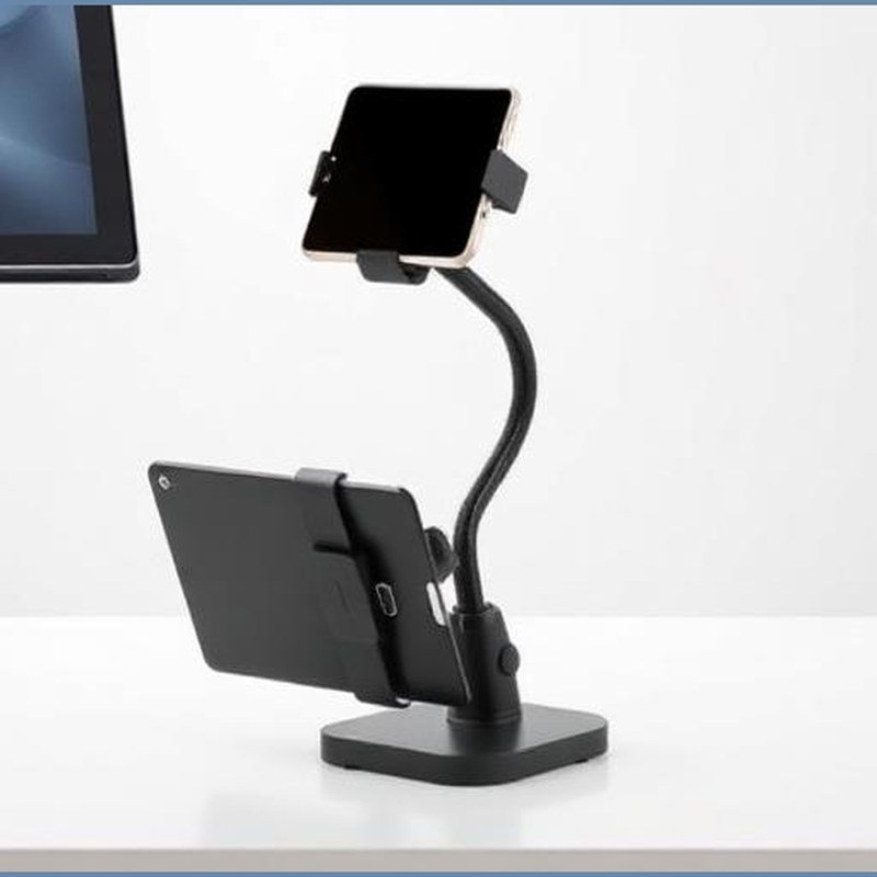 Clamp-On Dual Gooseneck Desktop Phone Stand - In use